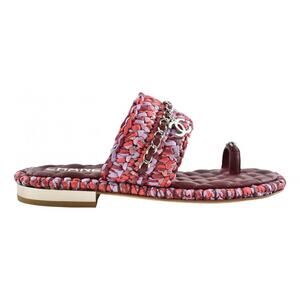 Chanel 20S Red Purple Raffia Tweed CC Chain Logo Mule Slide Strap Flat Sandal 36